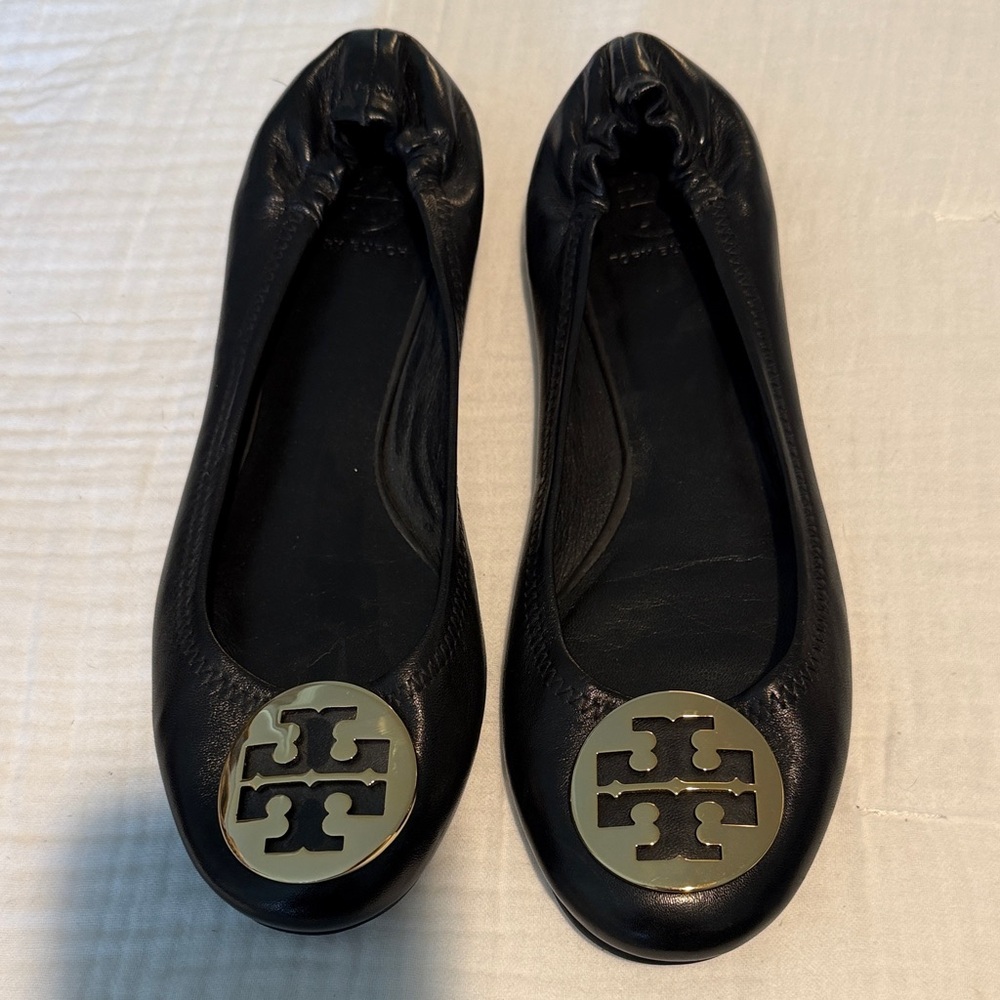 Tory Burch Black Flats with Gold Logo 10.5